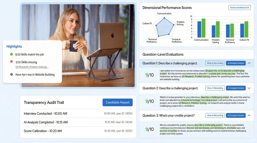 AltHire AI interview platform showing dimensional scoring reports and candidate evaluation transcripts