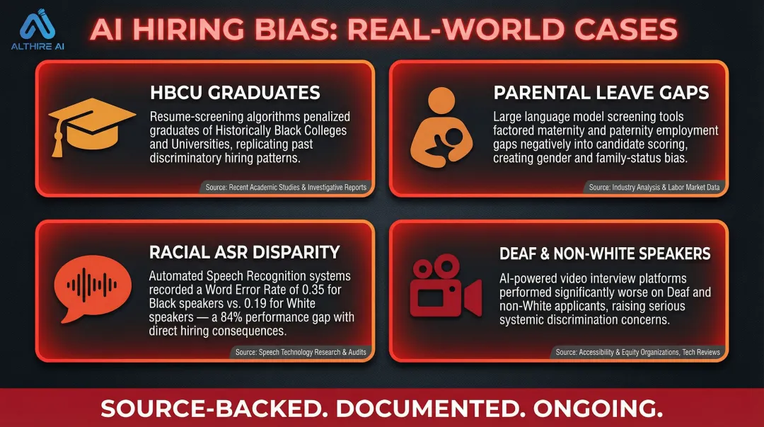 Four documented AI hiring bias examples showing measurable harm to candidate groups
