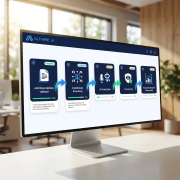 Step-by-step AI recruitment workflow showing sourcing, interviewing, and reporting stages on a software platform