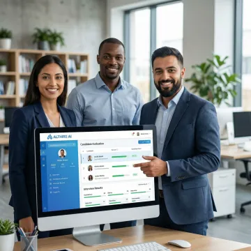 Small business team collaborating over AI recruiting platform on a screen