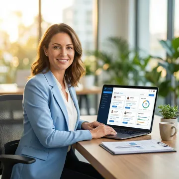 Small business owner reviewing AI recruiting software dashboard on a laptop