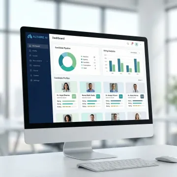 AI recruitment dashboard showing healthcare candidate screening results and video interview analytics