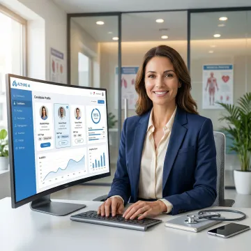 Healthcare recruiter using AI-powered recruitment software on a laptop in a clinical office setting