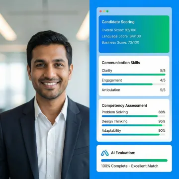 AI video interview platform showing automated interviewer interface with candidate on screen