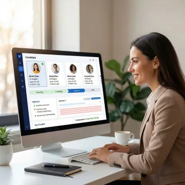 Recruiter reviewing AI-generated hiring reports and candidate shortlist on a laptop