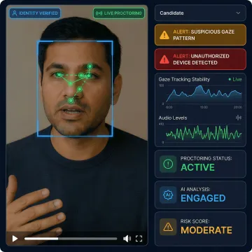 AI proctoring system analyzing a candidate's webcam and screen activity during an online test