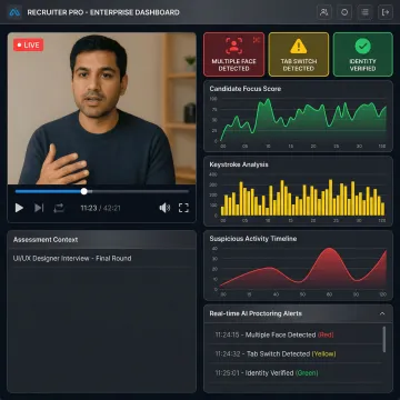 AI-powered online test proctoring dashboard monitoring a remote candidate in real time
