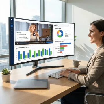Recruiter using AI-powered recruitment software dashboard to review candidate interview results