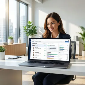 Recruiter reviewing AI-generated candidate reports on a laptop with hiring workflow steps displayed