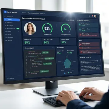 Recruiter reviewing technical assessment results on a dashboard with candidate scores and code recordings