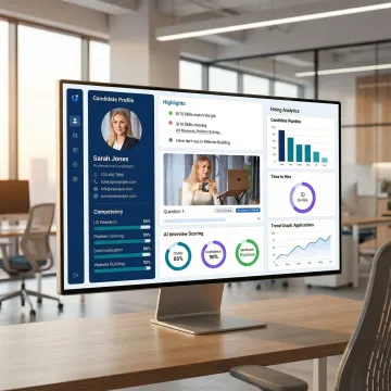 AI-powered talent acquisition platform dashboard showing candidate evaluation and interview analytics