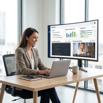 Recruiter reviewing AI developer candidate interview results and coding assessment scores on a platform dashboard