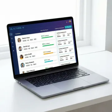 AI-powered platform interface showing developer hiring workflow with candidate evaluation dashboards