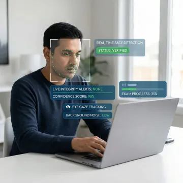 AI proctoring software monitoring a candidate during a secure online exam on a laptop screen