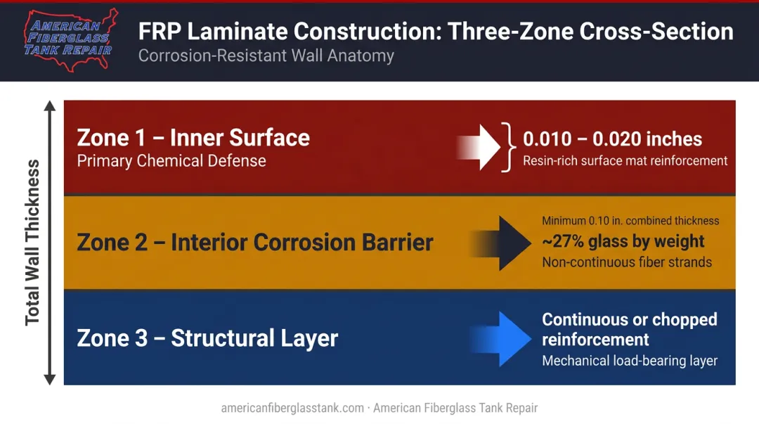FRP tank three-zone laminate construction cross-section diagram with layer specifications