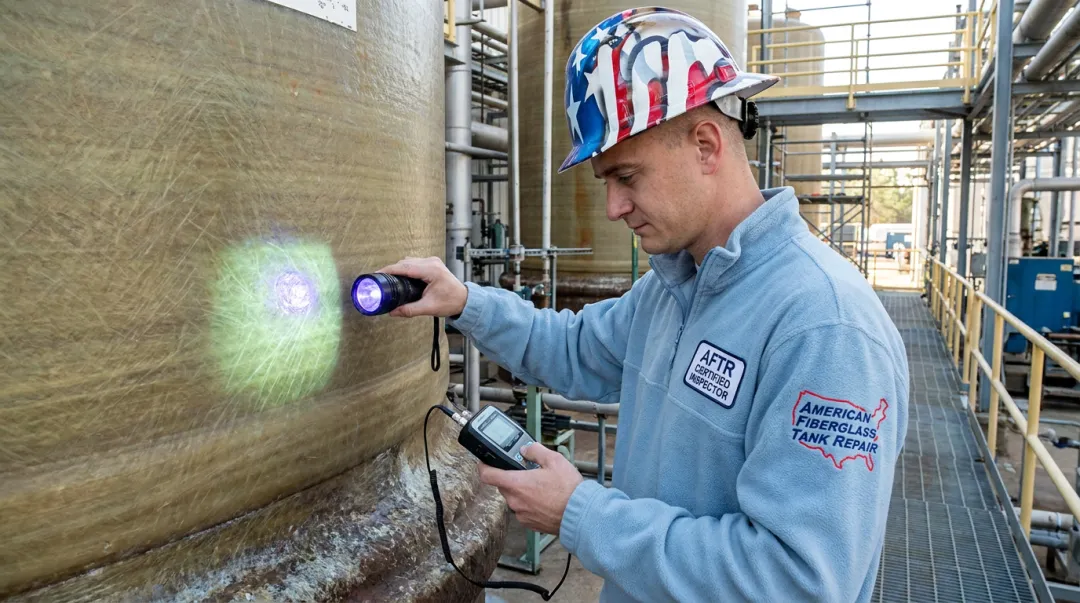 FTPI certified inspector performing ultrasonic and backlight testing on FRP storage tank