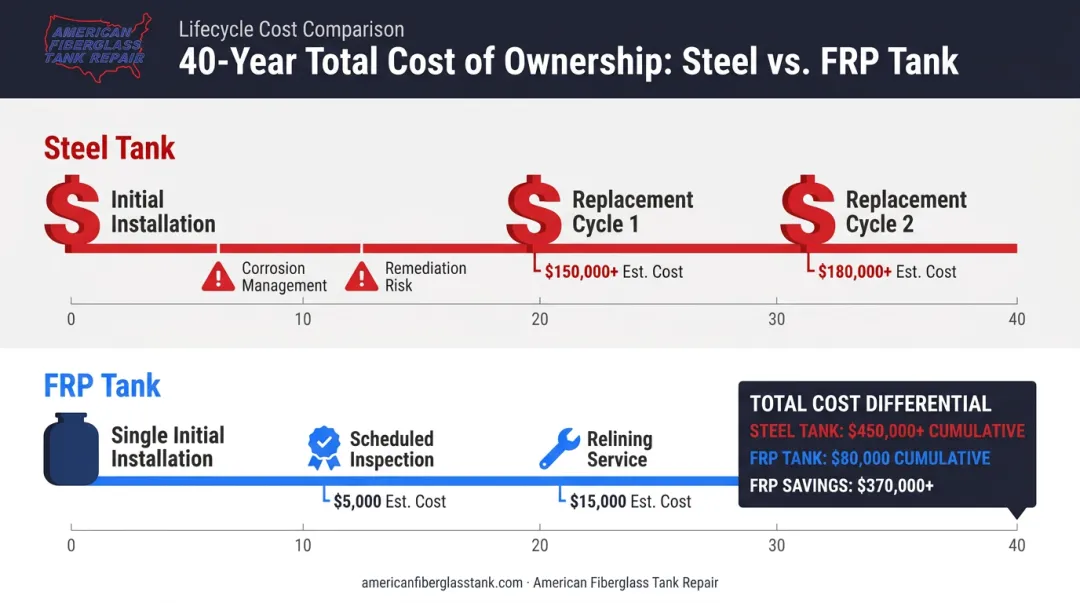 Steel versus fiberglass tank 40-year total cost of ownership lifecycle comparison infographic