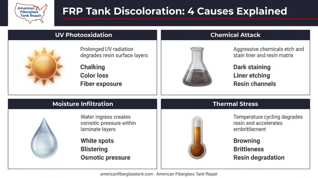 Four causes of FRP fiberglass tank discoloration comparison infographic