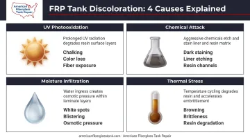 Four causes of FRP fiberglass tank discoloration comparison infographic