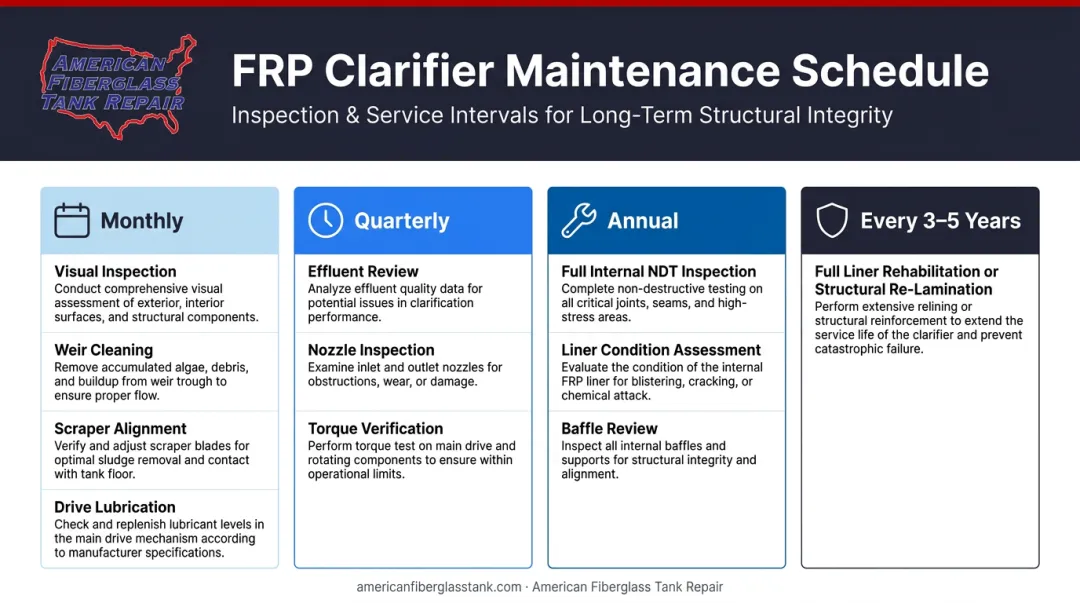 FRP clarifier maintenance schedule by interval from monthly to multi-year tasks