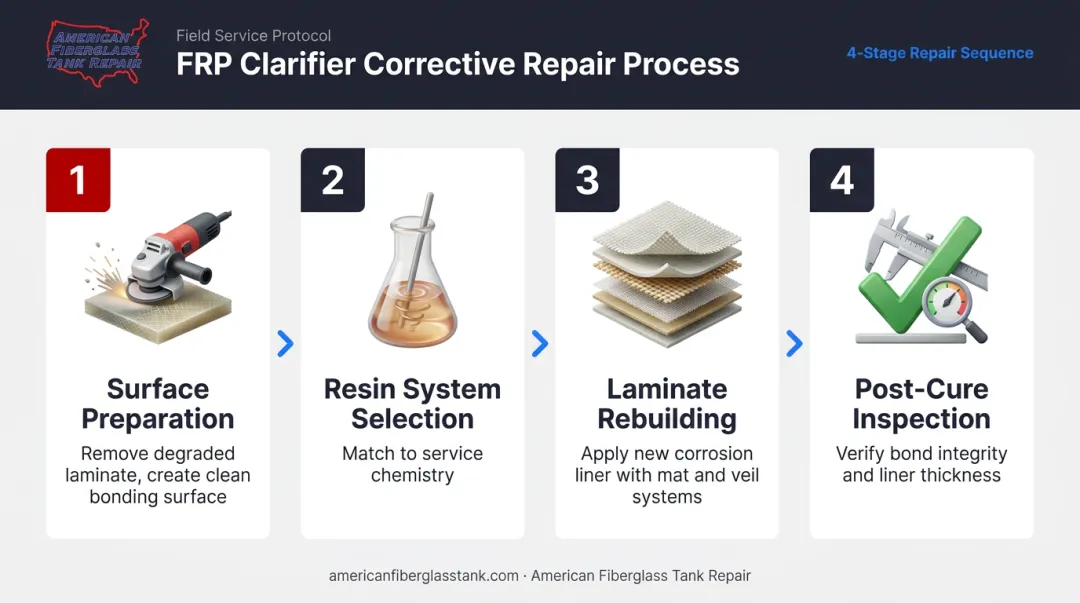 Four-step FRP clarifier corrective repair process from surface prep to inspection