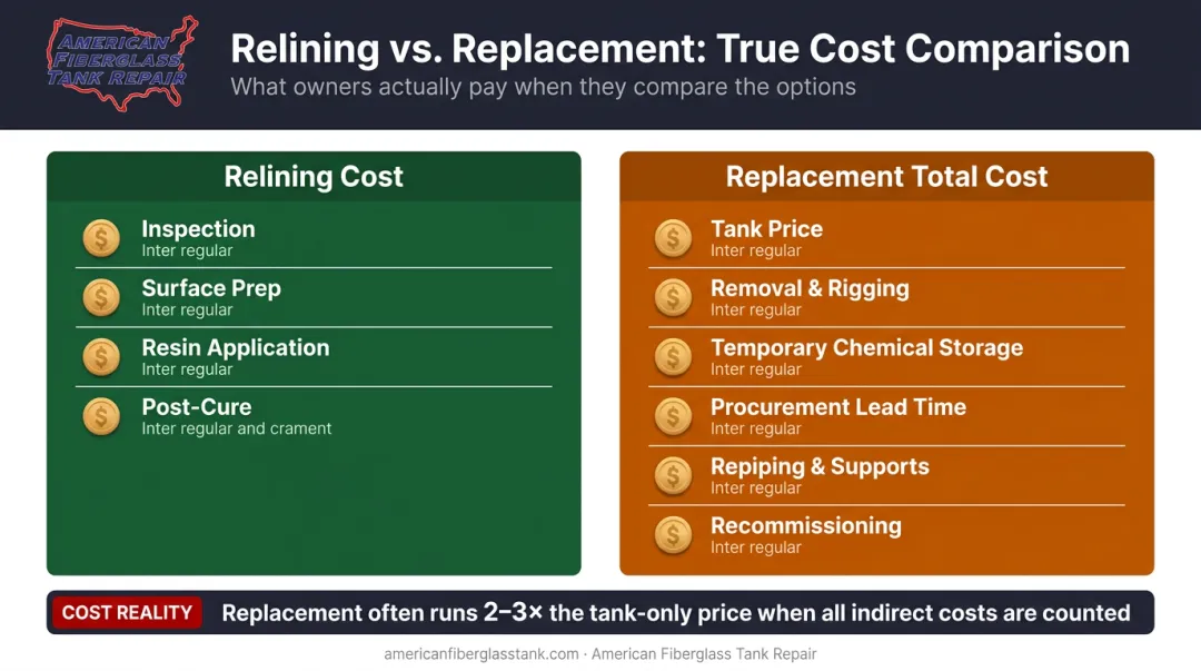 FRP tank relining versus full replacement total cost comparison infographic