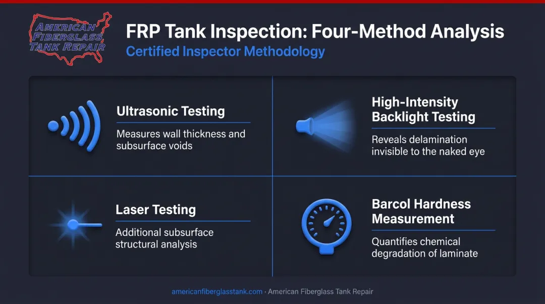 Four FRP tank inspection methods ultrasonic backlight laser and Barcol hardness testing