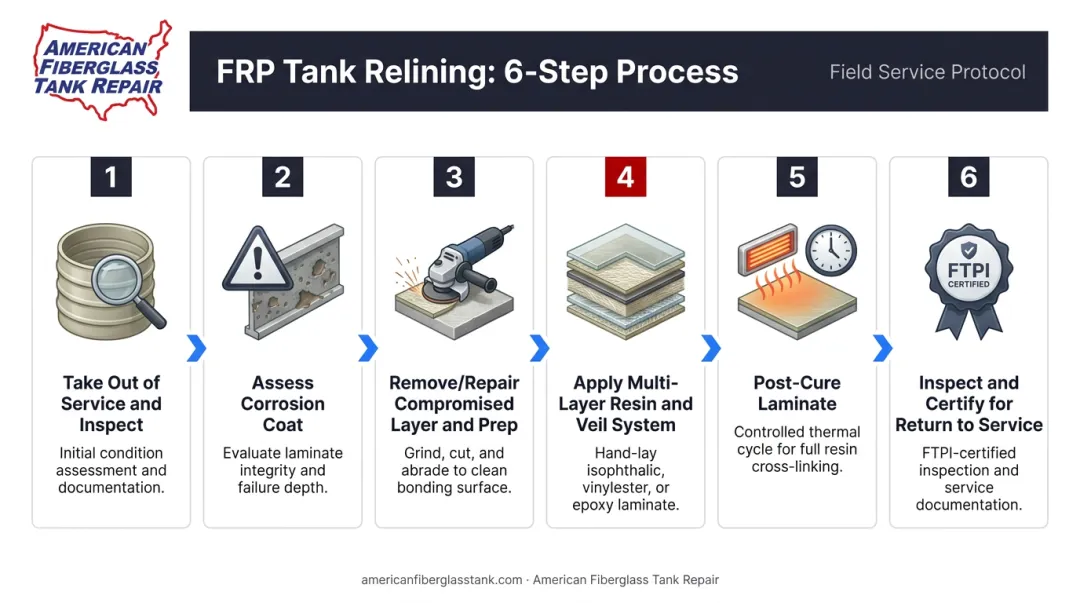 6-step FRP tank relining process flow from inspection to return to service