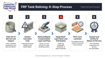 6-step FRP tank relining process flow from inspection to return to service