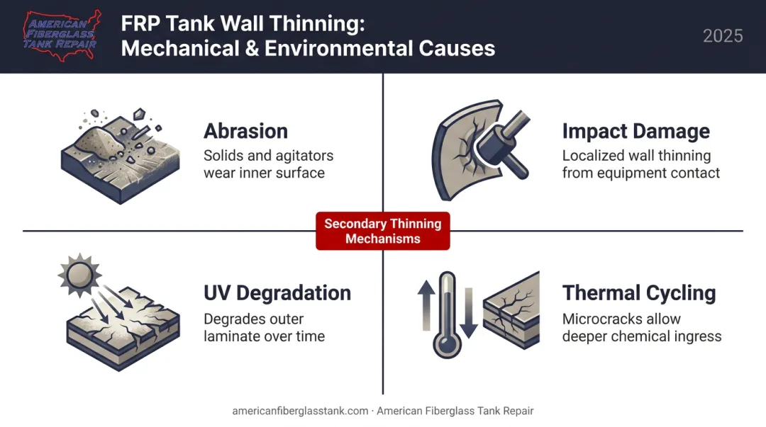 Four mechanical and environmental causes of FRP tank wall thinning illustrated breakdown