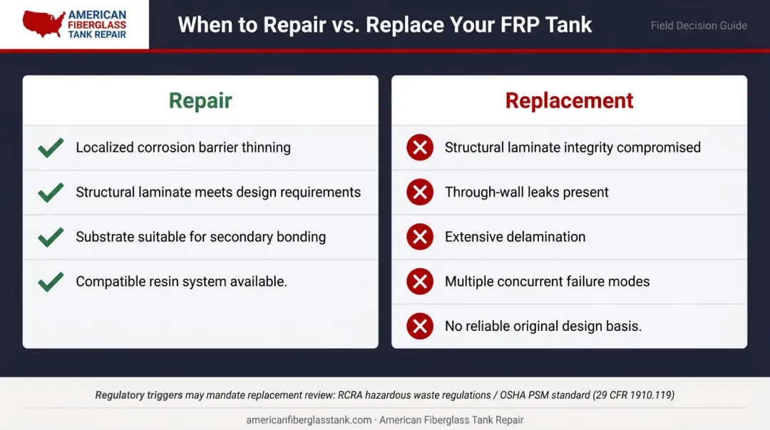 FRP tank repair versus replacement decision criteria side-by-side comparison chart