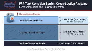 FRP tank corrosion barrier two-layer anatomy with thickness measurements diagram
