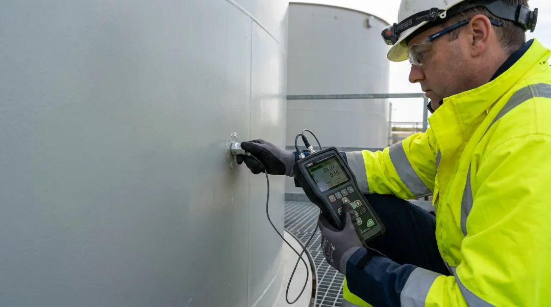 Inspector performing ultrasonic thickness testing on fiberglass tank exterior surface