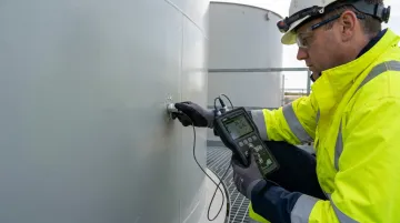 Inspector performing ultrasonic thickness testing on fiberglass tank exterior surface