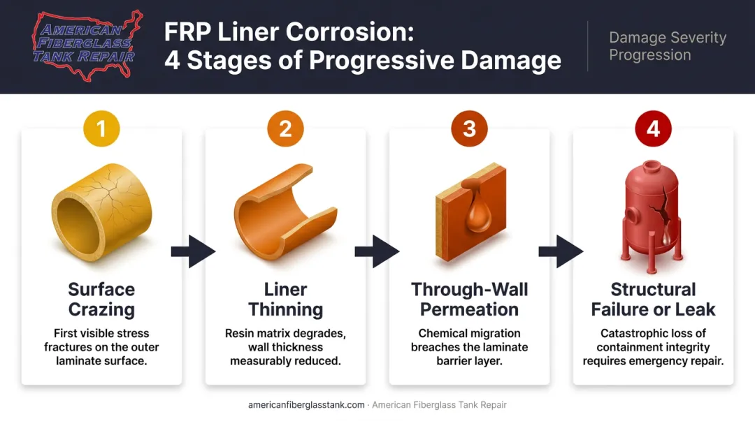 FRP tank liner corrosion progression four-stage sequence from crazing to structural failure