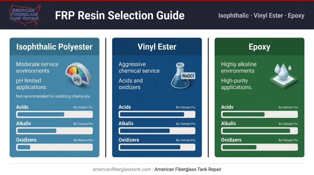 Three FRP resin types comparison chart with chemical resistance properties