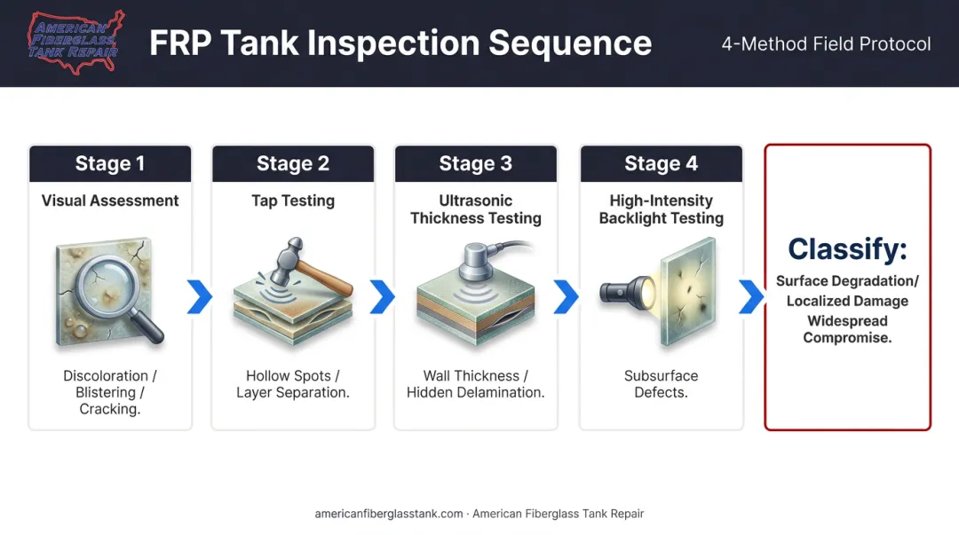 FRP tank inspection four-method process flow from visual to ultrasonic testing