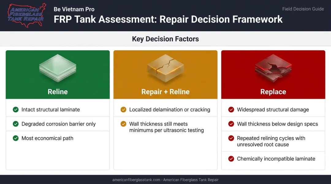 FRP tank repair versus reline versus replace decision framework comparison infographic