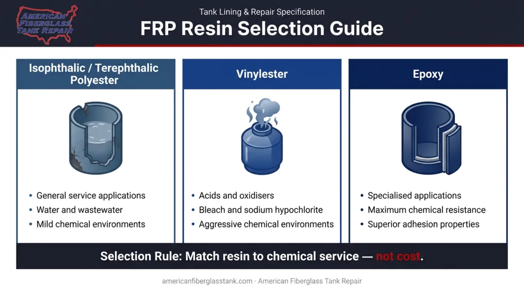 FRP tank lining resin type comparison chart polyester vinylester and epoxy chemical service
