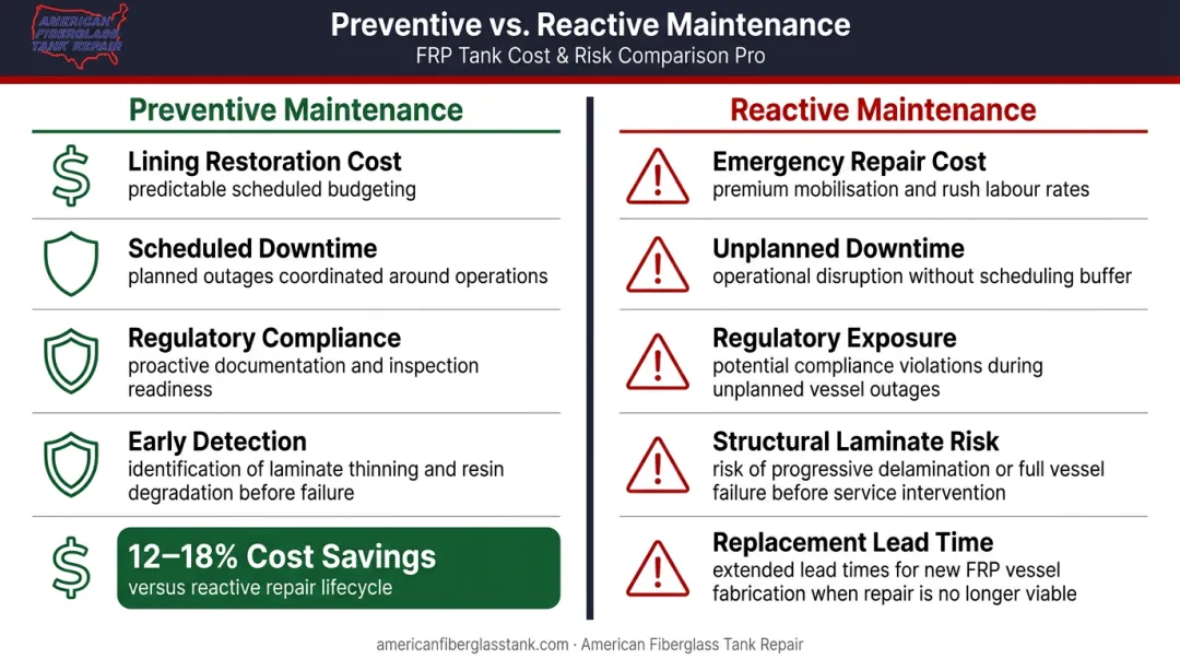 Preventive versus reactive FRP tank maintenance cost comparison side-by-side infographic
