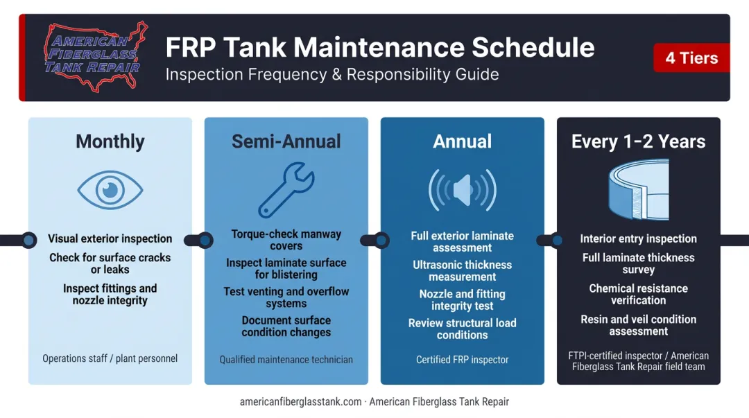 4-tier FRP tank preventive maintenance schedule frequency tasks and personnel infographic