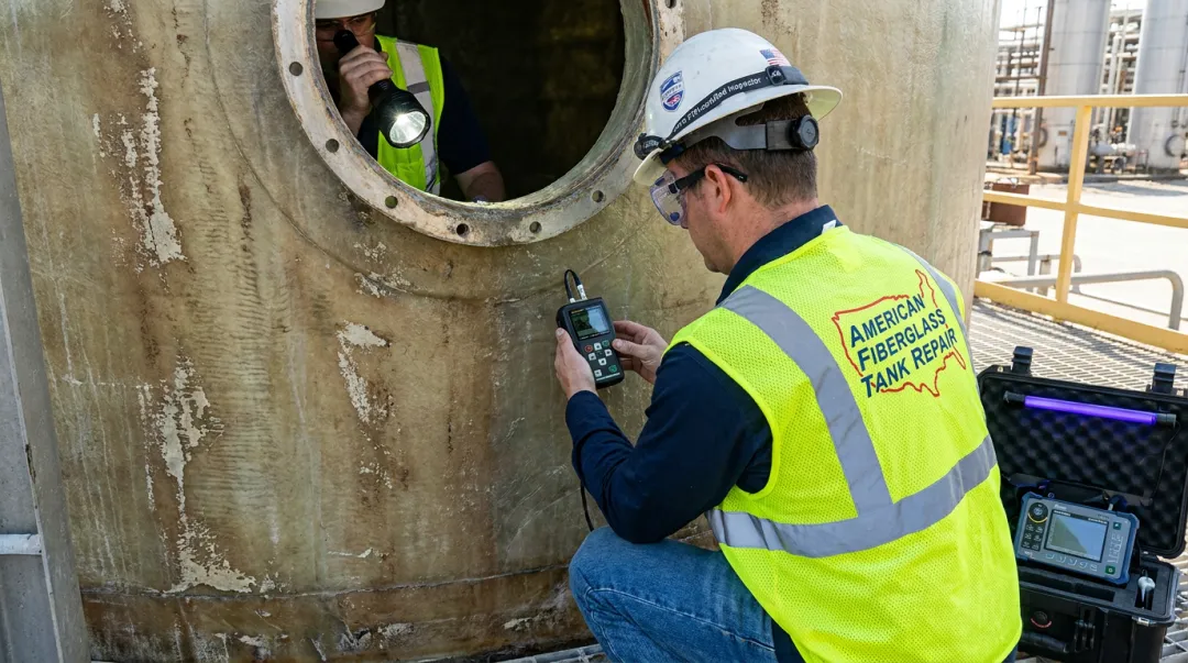 AFTR certified inspector performing ultrasonic testing on FRP scrubber vessel corrosion lining