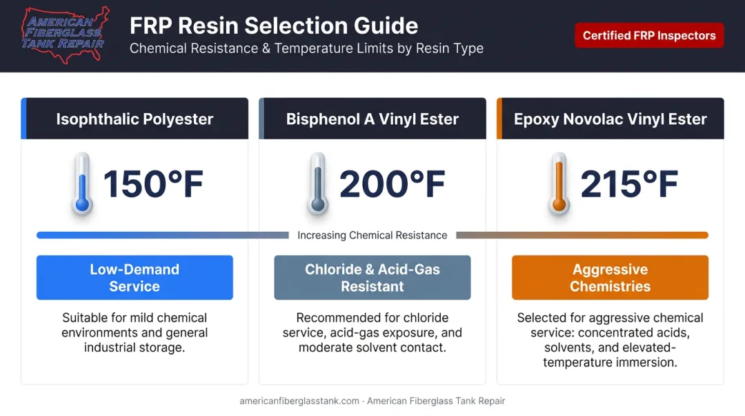 FRP resin types comparison chart with temperature limits and chemical resistance profiles