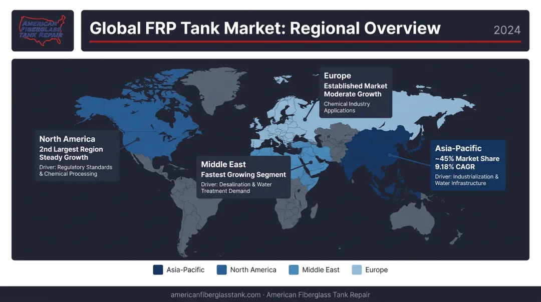 Global FRP pressure vessel market share by region with growth rates comparison map