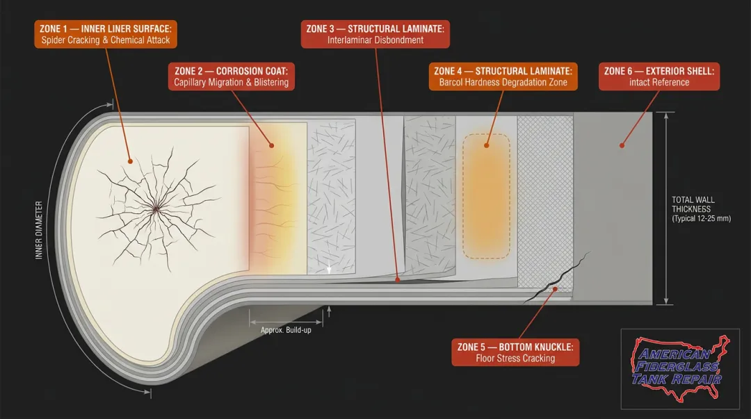 Cross-section diagram of FRP vessel showing internal corrosion failure modes and degradation zones