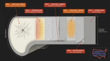 Cross-section diagram of FRP vessel showing internal corrosion failure modes and degradation zones