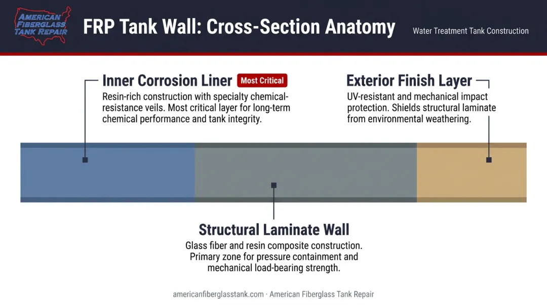FRP tank three-layer construction diagram showing liner wall and exterior finish