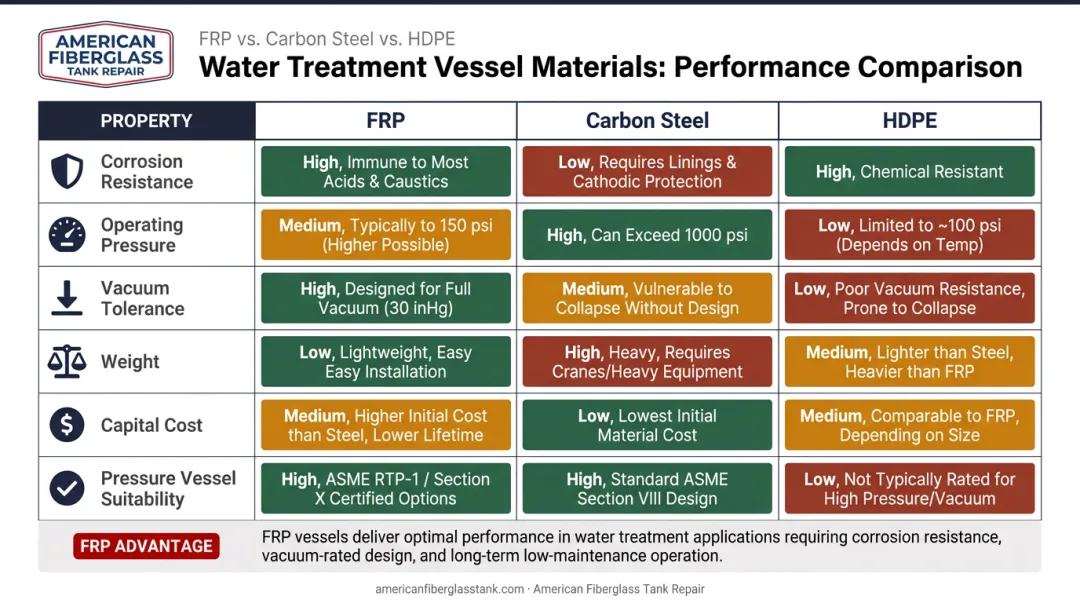 FRP versus carbon steel versus HDPE tank material comparison chart for water treatment