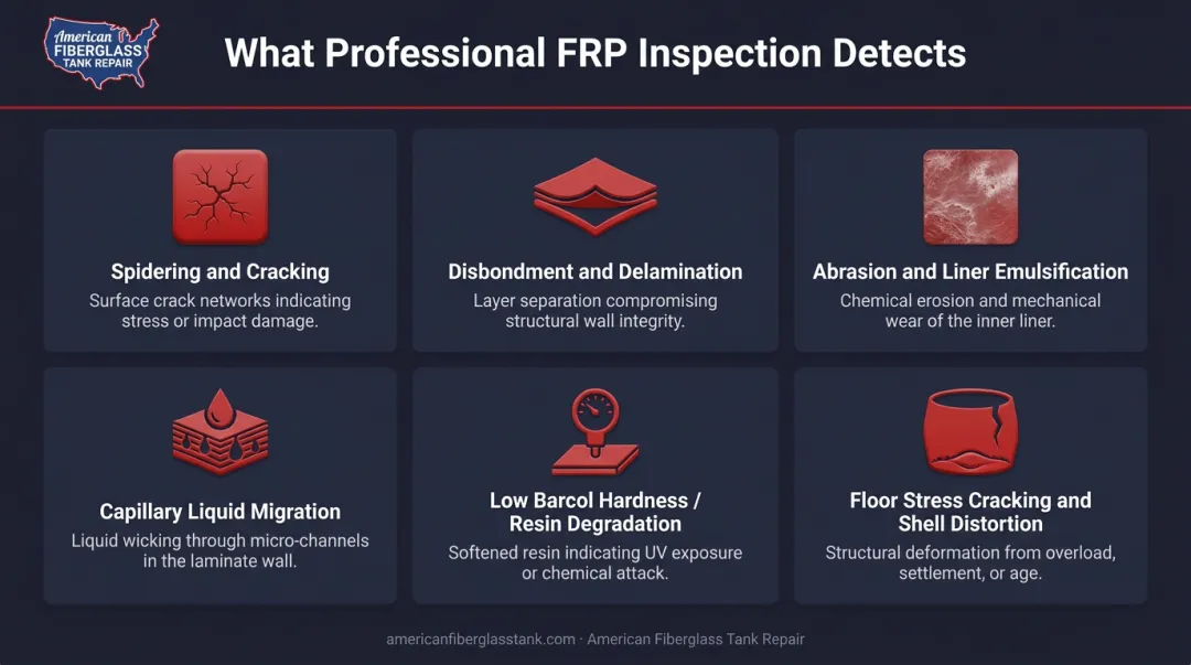 Six FRP tank inspection defect types detected by ultrasonic and backlight testing methods