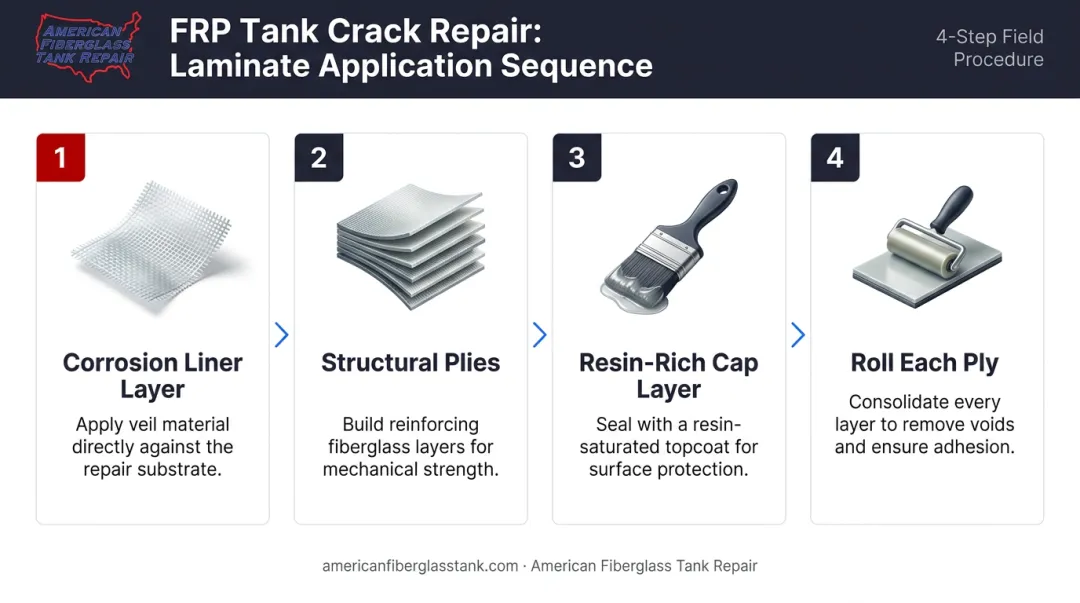 Four-step FRP fiberglass tank repair laminate application sequence process flow